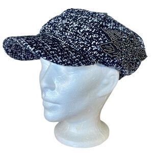 News Boy Cap Black White Tweed Hat with Rhinestone Applique Fully Lined